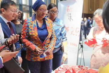 La ministre Yolande Elebe heureuse de visiter des oeuvres présentées par un exposant. Photo droits tiers