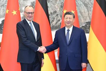 Le président chinois Xi Jinping lors d'une rencontre avec le chancelier allemand Friedrich Merz à Pékin. Photo droits tiers
